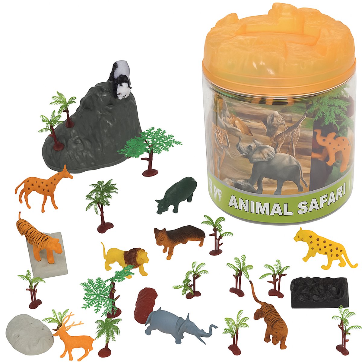 FUNFY Wilde Dieren Safari- en Bos Speelset met Doos | Meerkleurig | 28 Miniatuurfiguren met Dieren, Bomen en Rotsen | Fantasierijk & Educatief Speelgoed voor Kinderen | Safari Speelset | Bos Speelset | Perfect Cadeau